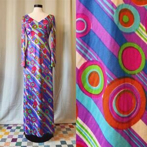 VTG 60s Maxi Sirena Psychedelic Print Long Bell Sleeve Dress size M